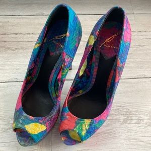 Brian Atwood multi color snakeskin embossed leather platform high heel